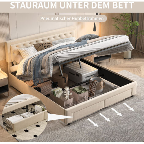 Bett 160x200 mit Lattenrost, Bettkasten 160x200 mit Lattenrost, Design-Bett in Beige Samt, bequem mit gepolstertem Kopfteil und Stauraum
