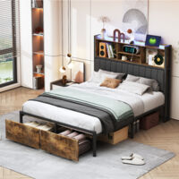 Bett 160x200 mit Lattenrost, LED-Bett 160 x 200, Bett aus Holz und Metall mit beleuchtetem Kopfteil, integriertem USB und doppelten Schubladen für