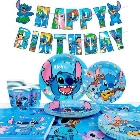 Decoration Anniversaire - INBOXXARTY - Kit Vaisselle Stitch - Pour 16 personnes - Multicolore - Contemporain