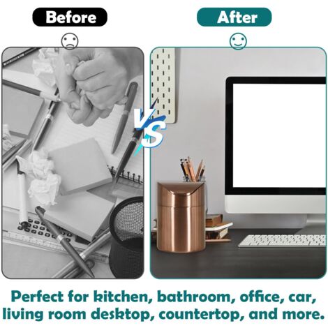 BAZEITFLOW Poubelle De Bureau Compacte Acier Inoxydable Doré - Mini Corbeille Avec Couvercle