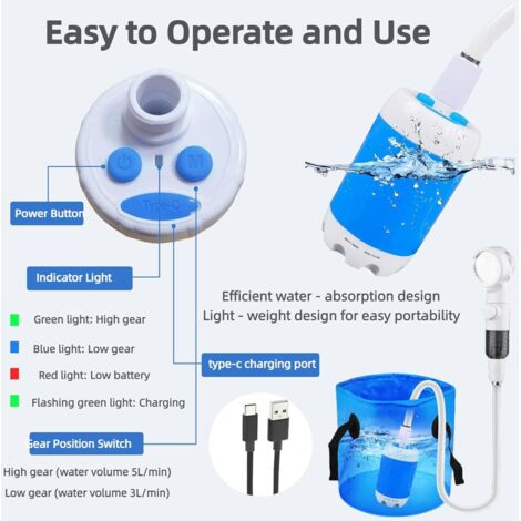Douche Portable Camping NOVCAPAR – Pompe Rechargeable 8000 MAh, écran LED, IPX8, 3 Débits, Filtre, Type C