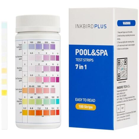 100PCS Bandelettes Papier Test Piscine 7 en 1 pour tests pH chimiques de l'eau, kit de test de l'eau pour bain à remous, spa