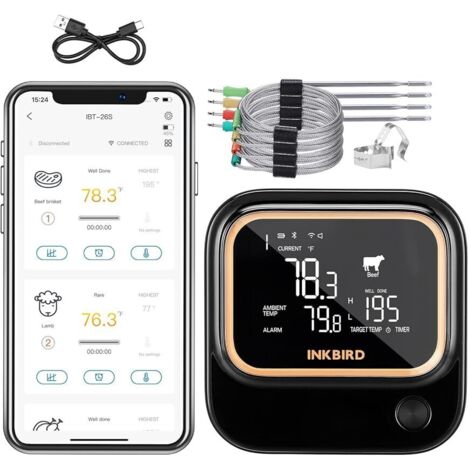 INKBIRD IBT-26S Thermometre de Cuisine 5G,Wifi Thermomètre Barbecue avec 4 Sondes, Contrôle APP, Alarme de Température et Minuterie (1/5)