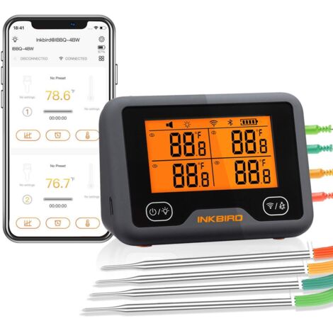 INKBIRD IBBQ-4BW Thermomètre de cuisine Wifi Bluetooth Thermomètre Barbecue Rechargeable Magnétique Avec 4 Température Sonde Alarme