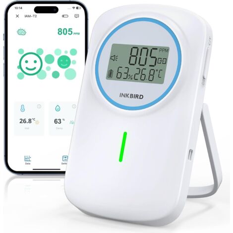 Détecteur de qualité de l'air Bluetooth INKBIRD IAM-T2, détecteur de CO2 intérieur, moniteur de température et d'humidité, double alerte lumineuse et sonore, pour la maison, l'école
