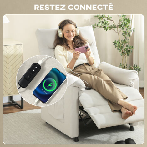 Fauteuil relax électrique massant et chauffant, fauteuil message en velour inclinable, repose-pieds, moteur silencieux, 82x99x106cm