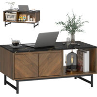Table basse, table de salon, plateau effet marbre, 2 portes et 2 niches ouvertes, 100 x 50,8 x 45,7 cm, support acier,noyer