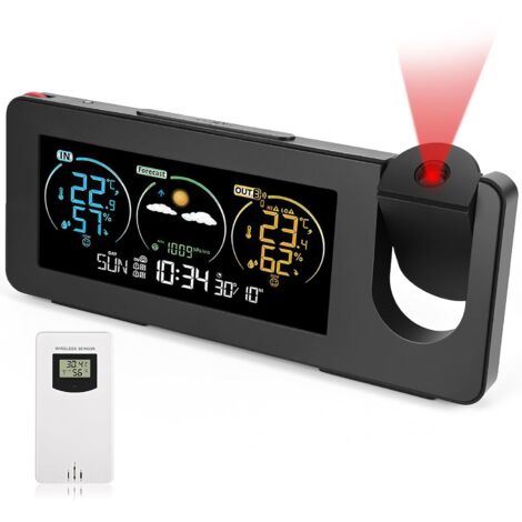 Funk-Wetterstation mit Außensensor, LCD-Bildschirm, Wettervorhersage, Temperatur, Wecker mit Schlummerfunktion, Wetterstation mit Projektor, für Innen und Außen (1/5)