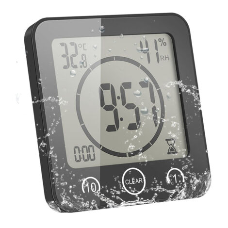 Badezimmeruhr, Digitaler LCD-Wecker mit Touch-Duschuhr, wasserdicht, Feuchtigkeits- und Temperaturanzeige, Timer, 3 Montagemöglichkeiten, batteriebetrieben (Schwarz) (1/5)