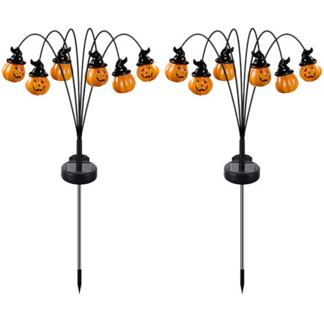 2 Stück Halloween-Außenlichterketten, 2025, neues Solar-LED-Modell, Hexenhut, orange Kürbislaterne, dekorativ und gruselig für Garten, Weg, Party (orange) (1/5)