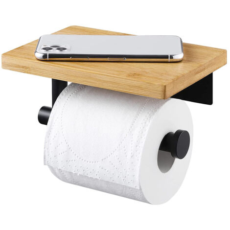 Toilettenpapierhalter, Wandhalterung mit Bambusablage, Wand- Toilettenpapierhalter, Papierrollenhalter, selbstklebend, bohrfrei, Badezimmer (1/5)