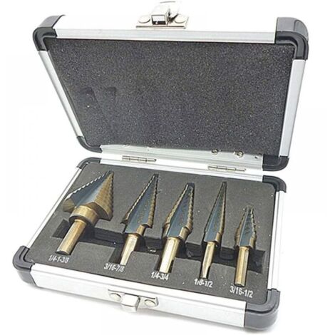 5 Stück Fräser Fräskopf Mehrstufig, Mehrstufiger Fräser, mit professionellem Aluminiumgehäuse, Sechskantwelle, mit automatischem Zentrierstempel, präzises Bohren in Stahl, Metall (1/5)