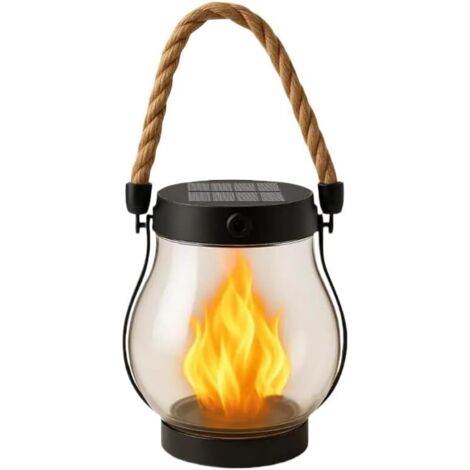 Solarlaterne für den Außenbereich, wasserdichte Solarlaterne mit tanzender Flamme, Flammenlampe aus Hanfseil, für Camping, Hof, Terrasse, Garten und Halloween-Dekoration