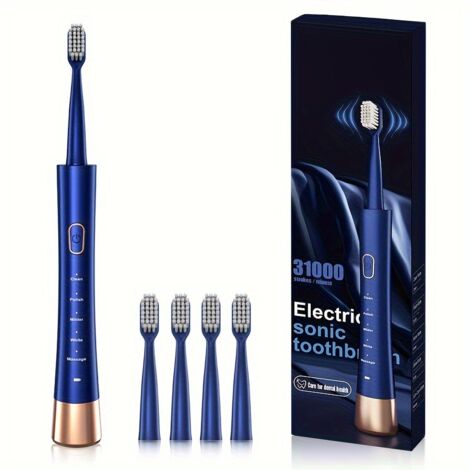 Elektrische Zahnbürste (IPX7), 2-Stunden-Schnellladefunktion mit intelligenter Zeiterinnerung, 5 Modi, 4 Bürstenköpfe, ideal für Reisen, drinnen und draußen, Blau