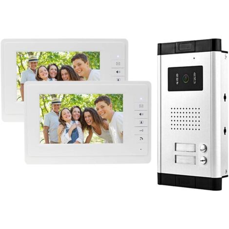 Sistema de videoportero a color con cable de 7" con cámara de visión nocturna infrarroja y pantallas de control para interiores de 2 o 3 apartamentos (2 monitores)
