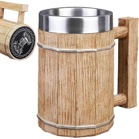 Jarra de cerveza de barril de madera - Jarra de acero inoxidable de doble pared para cócteles  Taza Viking grande de 600 ml, ecológica, de acero inoxidable con efecto madera, para café, cócteles y beb (1/5)