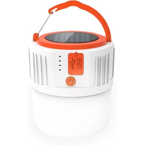 Linterna solar recargable para acampar, impermeable y portátil con puerto USB. 5 modos de iluminación. Ideal para tiendas de campaña, senderismo, emergencias y cortes de luz (blanca). (1/4)