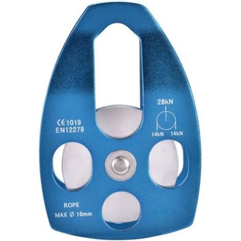 Polea tirolesa de aleación de aluminio de 28 kN, polea de cuerda simple de alta resistencia para cuerda de 16 mm, escalada (azul)