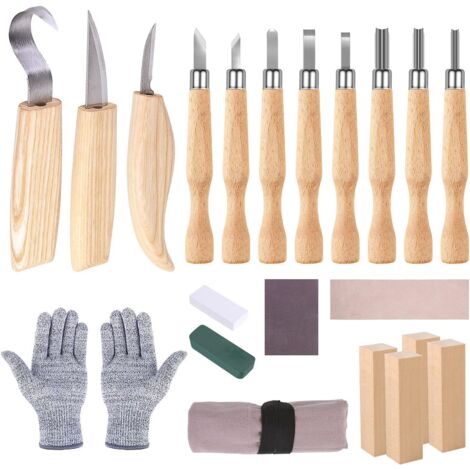 Juego de herramientas para tallar de 21 piezas con guantes resistentes a cortes y cuchillo para tallar para escultores, carpinteros, aficionados y adultos. (1/5)
