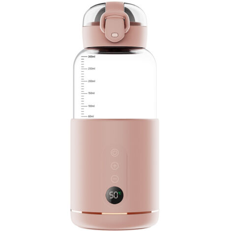Calentador de biberones inalámbrico portátil, recargable por USB, temperatura ajustable, calentador de leche materna con capacidad de 300 ml, color rosa