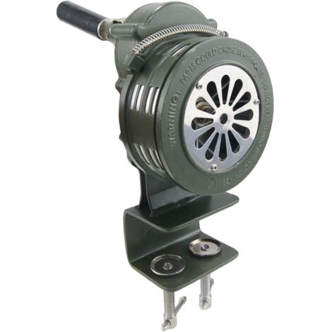 Sirena de manivela de 110 dB, sirena antiaérea portátil de accionamiento manual, alarma contra incendios de emergencia con soporte de abrazadera de banco, aleación de aluminio 990633 (1/5)