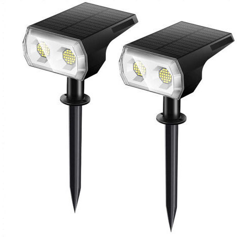 Juego de dos focos solares para exterior, focos solares LED impermeables IP67, focos solares (blanco) para una iluminación cálida en jardines, patios, caminos, senderos. (1/4)
