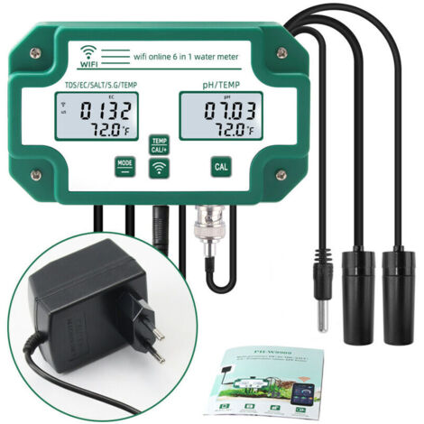 Monitor digital multiparámetro WiFi 6 en 1 para la calidad del agua: pH, sólidos disueltos totales, CE, SG, sal y temperatura para acuarios, acuicultura y piscinas. (1/5)
