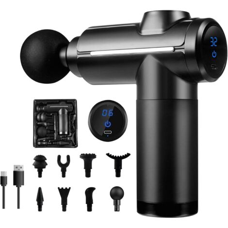 Pistola de masaje de tejido profundo, masajeador de percusión muscular, 32 velocidades, con pantalla táctil LCD, 8 cabezales para relajación de hombros, cuerpo y espalda, color negro (1/5)