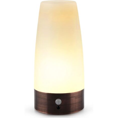 Lámpara de mesa, luz nocturna LED retro, lámpara de noche con sensor de movimiento inalámbrico, requiere 3 pilas AAA de 1,5 V, plástico, luz blanca, redonda (1/5)