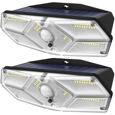 Juego de 2 luces solares impermeables con 104 LED, sensor de movimiento, 3 modos de iluminación, ángulo de haz de 270° con energía solar para garaje, jardín, entrada, puerta de entrada. (1/5)