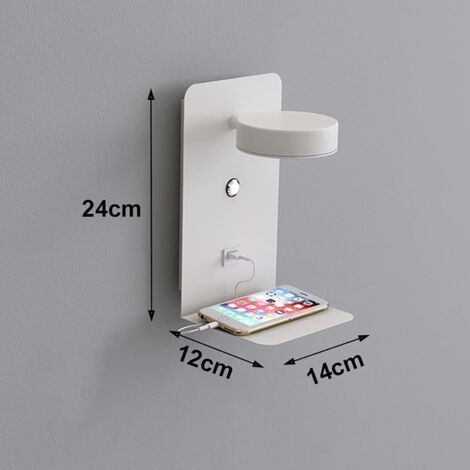 Aplique LED de pared para interior con puerto USB, moderno aplique de pared regulable tricolor de 12 W con interruptor, luz de lectura, lámpara de noche giratoria de 330°, color blanco [Clase energéti (1/5)