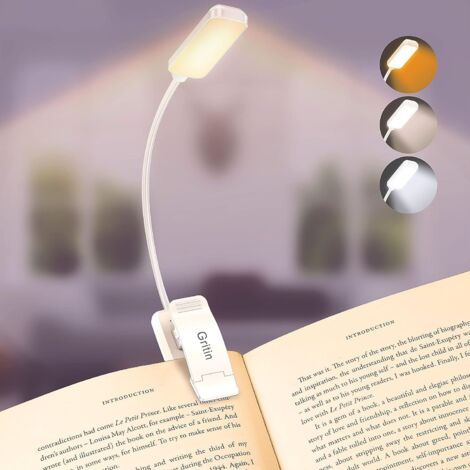 Lámpara de lectura recargable con clip de 9 LED, protección ocular, atenuación continua y 3 colores, cuello flexible de 360°, duradera, ligera y portátil para leer en la cama (blanca) (1/5)