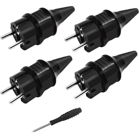 Enchufe Schuko con protección contra dobleces [4 piezas], 4 enchufes de goma con toma de tierra (250 V/16 A) + 1 destornillador, enchufe exterior, enchufe exterior impermeable IP44, color negro