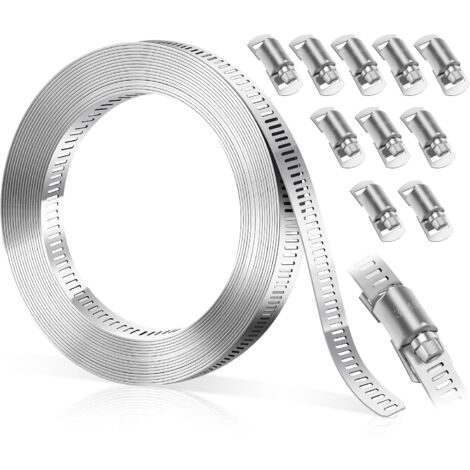 Abrazaderas de manguera de acero inoxidable 304 - Abrazaderas de manguera ajustables de acero inoxidable con 10 piezas de fijación - Para tuberías de agua y gas doméstico, 3 m (1/5)