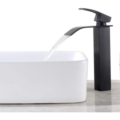 Mezclador de lavabo negro para baño moderno, caño cuadrado grande de latón para agua fría y caliente (altura 30 cm) (1/5)
