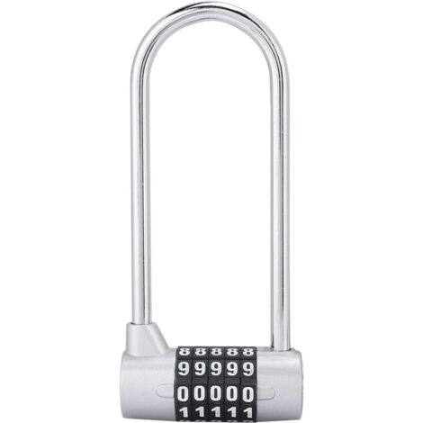 Candado de aleación con combinación de 5 dígitos, con código de seguridad en forma de U, extra largo para puerta de armario, con combinación reiniciable, para taquilla de gimnasio y escuela (plateado) (1/5)