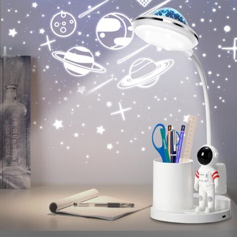 Lámpara de escritorio LED, lámpara de mesa de astronauta con portalápices y proyección, lámpara de mesa LED ajustable, lámparas de escritorio recargables y regulables, lámparas para el cuidado de los (1/5)