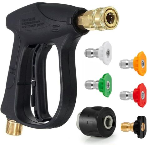 Pistola de lavado a alta presión, pistola de lavado a chorro corto con interfaz de manguera M22 de 14 mm y adaptador compatible con boquillas Karcher de conexión rápida de 1/4 de pulgada para lavado