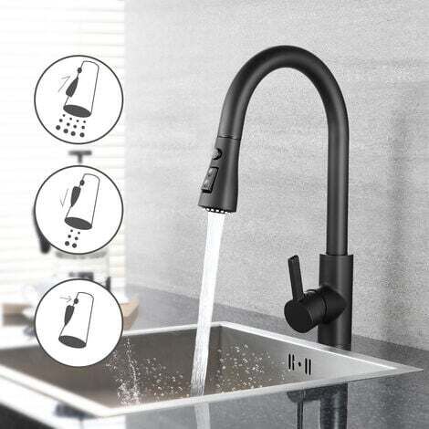 Mezclador de cocina extraíble de acero inoxidable, 3 modos de pulverización, mezclador de cocina o baño giratorio 360°, color negro (1/4)