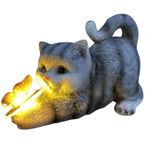 Figura decorativa de gato para jardín, decoración de jardín, mariposas, luces solares para exterior, decoración de balcón, diseño, gato adorable, mariposa, adornos de resina, luces solares (1/2)