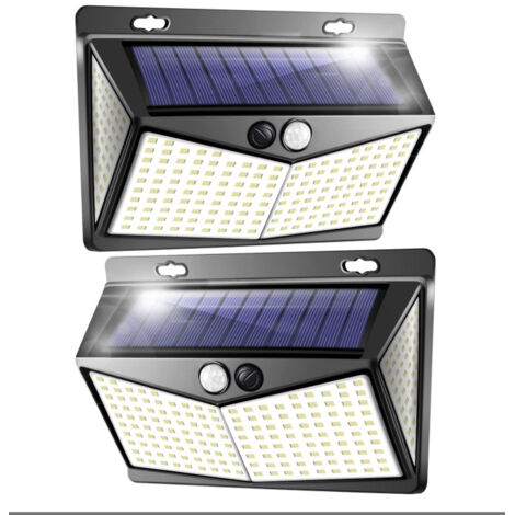 Juego de dos luces solares para exterior, 208 LED, detector de movimiento, luz de pared súper brillante de 270°, IP65, resistente al agua, 1500 mAh, solar para patio, garaje, jardín - 2 paquetes [Clas (1/5)