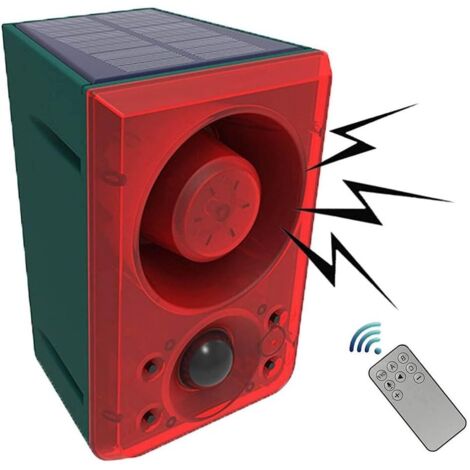 Alarma estroboscópica alimentada por energía solar con sensor de movimiento de 130 dB, control remoto, grabación de 20 segundos y sirena de ladrido de perro/alerta de seguridad para granjas, graneros (1/5)