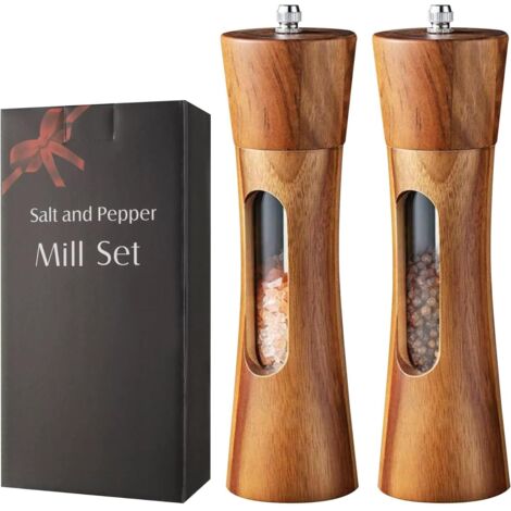 2-teiliges Gewürzmühlen-Set (Pfeffer- und Salzmühle), manuelle Gewürzmühle mit Sichtfenster, verstellbares Keramik-Gewürzmahlwerk für Meersalz, Chili und Pfeffer
