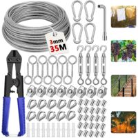 Kit de cable colgante de acero inoxidable de 35 m, cable de acero inoxidable 304 de 3 mm con tensor, abrazadera de acero, cable de acero revestido para enrejado de plantas trepadoras de exterior, tend