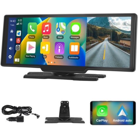 Estéreo de Coche Portátil de 10,26 Pulgadas con Apple CarPlay Android Auto Inalámbrico, Pantalla Táctil 7-32V, Asistente de Voz Cámara Trasera/Bluetooth/Transmisor FM/AUX/Tarjeta TF