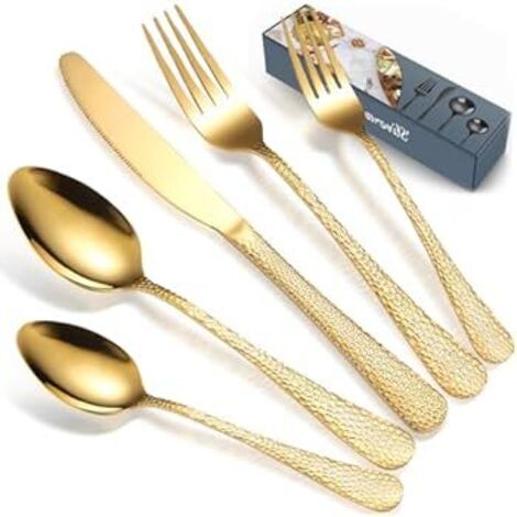 Juego de Cubiertos de Acero Inoxidable Pulido Espejo para 6 Personas, 30 Piezas, Incluye Cuchillos, Tenedores, Cucharas, Lavavajillas, Dorado Brillante (1/4)