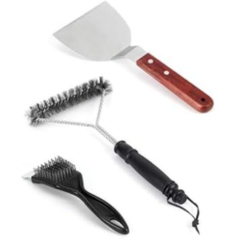 Kit de Limpieza para Barbacoa - 3 Cepillos de Acero Inoxidable y Rascador para Parrillas - Set de Limpieza para Barbacoas de Gas, Carbón y Eléctricas (1/4)