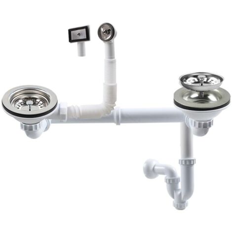 Juego de desagüe doble con rebosadero, 114 mm, blanco, completo para fregadero de cocina, apto para aberturas de 83–90 mm Z7008C029 (paso mural). (1/5)