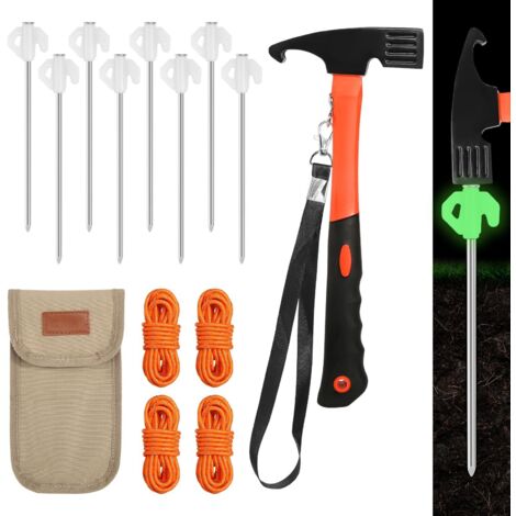 Lote de 8 estacas luminosas, martillo multifunción y 4 tensores reflectantes - Cuerda y piquetas - Bolsa de almacenamiento - Accesorios para camping y exterior