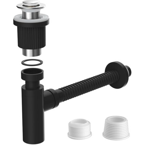 Sifón de diseño con válvula pop-up: cubierta cromada, tubo de acero inoxidable (304) ajustable en altura y flexible para lavabo con rebosadero - Conexión universal G1 1/4" - Negro (1/5)